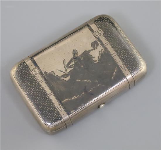 A late 19th century Russian 84 zolotnik silver and niello cigarette case, gross 126 grams.